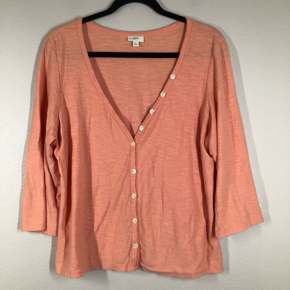 J Jill Button Front Cotton Shirt 3/4 Sleeve Coral Orange Size Large